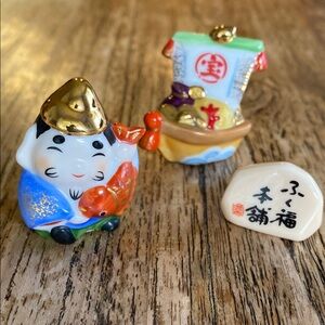 Ebisu & Takarabune Japanese Miniature Ceramic Good Luck Vintage Figurines